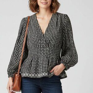 Max Studio London Black White Floral Print Peplum Blouse Puff Sleeves V-Neck S